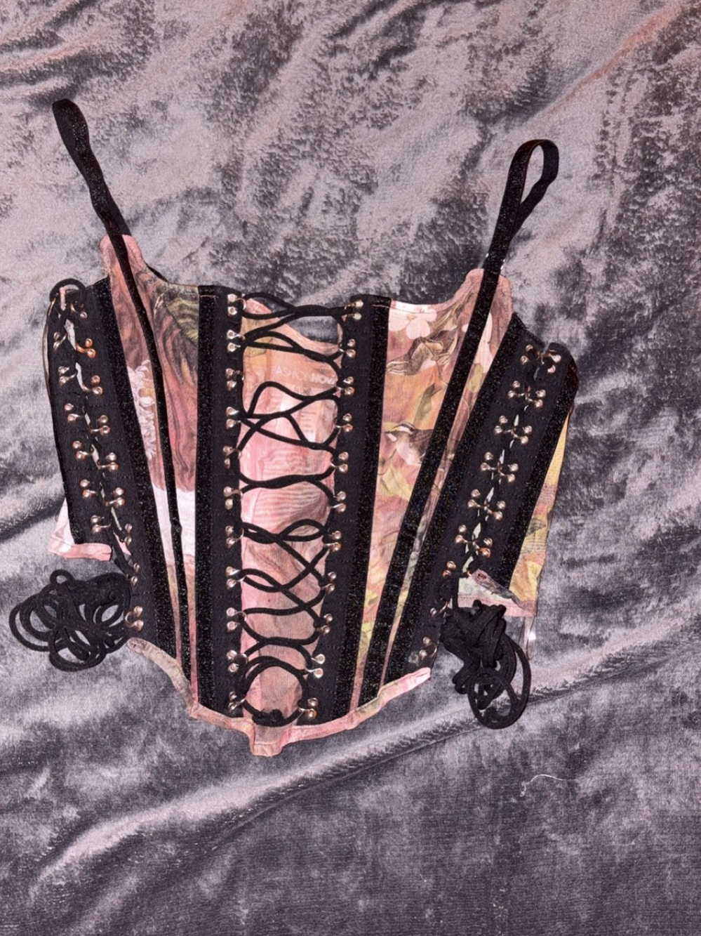 Fashion Nova Floral Pink & Black Lace-Up Corset